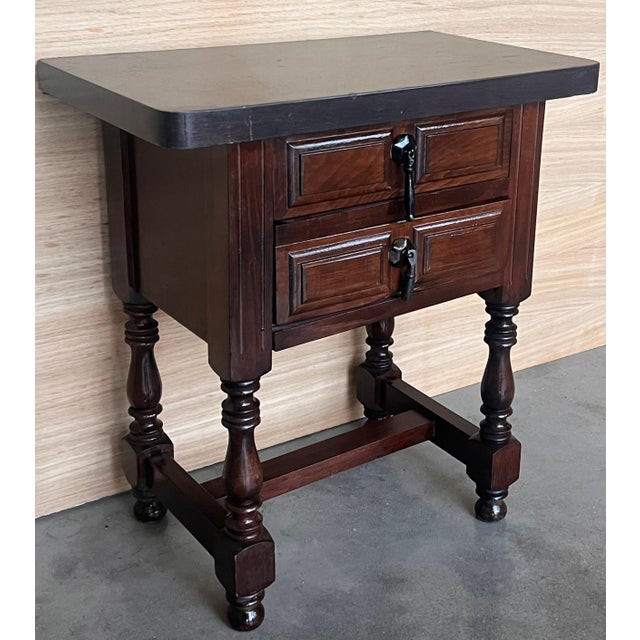 20th century pair of Brutalist Spanish nightstands with two carved drawers and iron hardware Beautiful tables that you can...