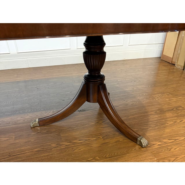 Traditional Oval Banded Mahogany Double Pedestal Dining Table by Leighton Hall -Showroom Sample For Sale - Image 17 of 18