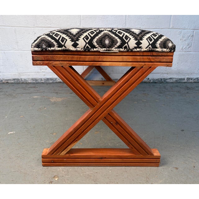 Vintage Style Southwestern Upholstered Boho X Bench For Sale - Image 10 of 12