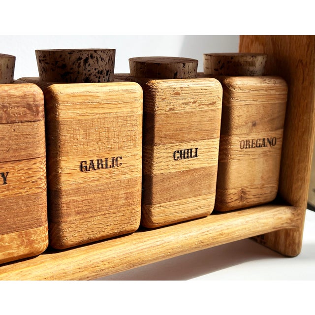 Vintage Mid Century Modern Solid Wood Spice Rack With 16 Solid Oak Jars and Cork Lids For Sale - Image 9 of 12
