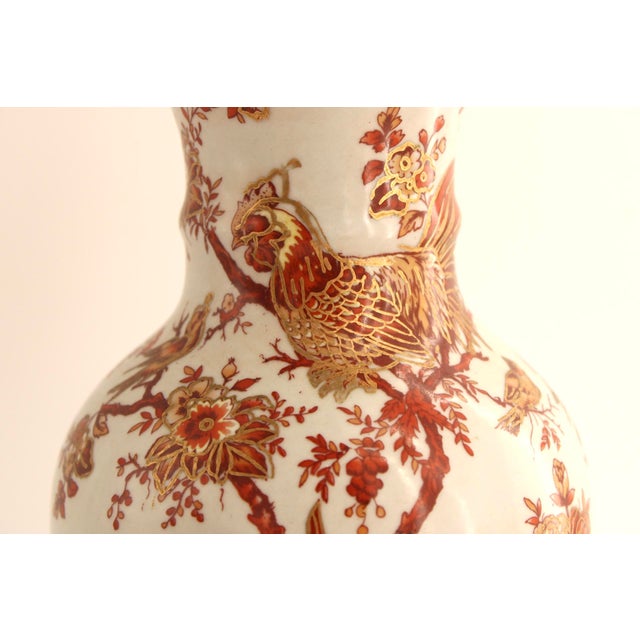 VTG Mid Century Chinese Porcelain Vase, Hand Painted Roosters, 11.75" For Sale - Image 4 of 8
