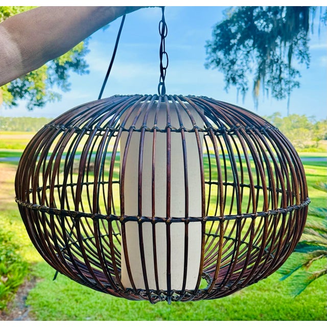 Franco Albini Rattan Cage Pendant Chandelier With Interior Shade For Sale - Image 12 of 12