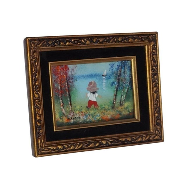 Impressionist Late 20th Century Fleming Child With Sailboat Painting Enamel on Copper Framed Horizontal For Sale - Image 3 of 8