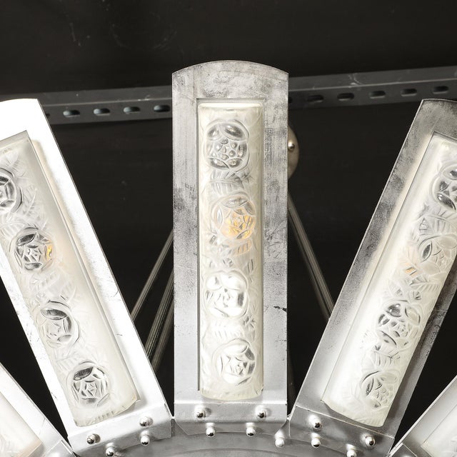 Art Deco Geometric Frosted Glass & Nickeled Starburst Chandelier Signed Degué For Sale - Image 17 of 18