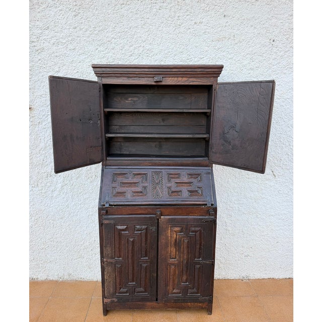 Wood Antique Spanish Carved Wooden Bureau Cabinet with Drop-Front Desk, 1850s For Sale - Image 7 of 11