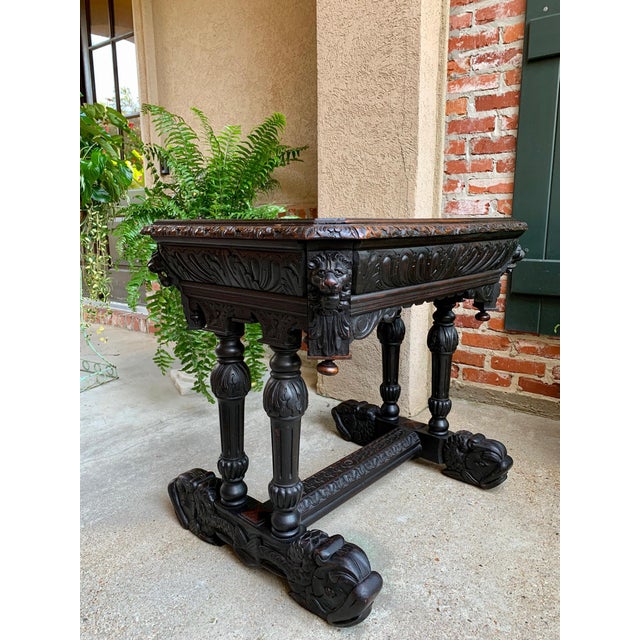 Antique Petite French Carved Oak Dolphin Table Desk Renaissance Gothic C1890 For Sale - Image 9 of 13