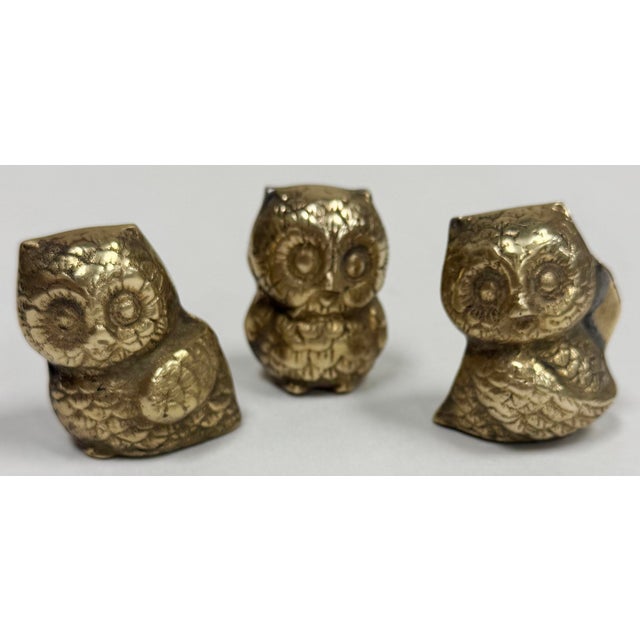 Three small brass owl figures. 1,1.5,2. 1,1.5,1.5. 1,1.25,1.5.