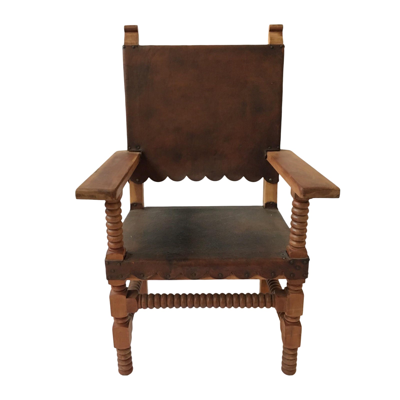 Antique Leather King Chair with Spindle Legs Chairish