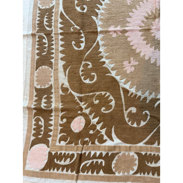 Beige Brown Cotton Suzani Square With Pink Medallion For Sale - Image 4 of 10