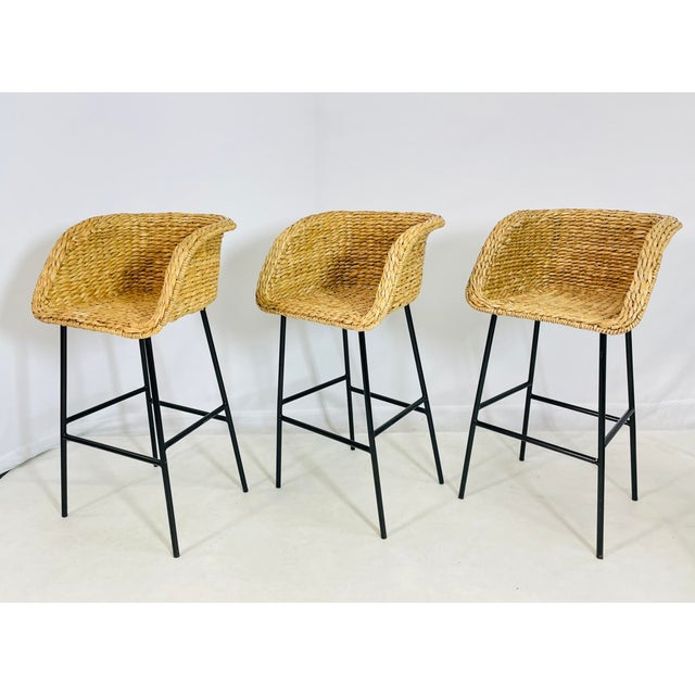 Set of Three Woven Water Hyacinth and Black Metal Frame Barstools For Sale In Los Angeles - Image 6 of 12