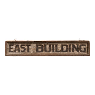 Vintage “East Building” Painted Wood Directional Sign For Sale