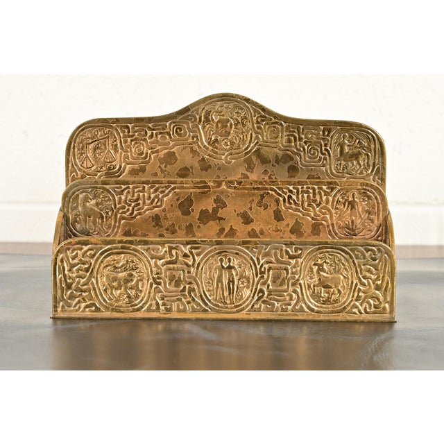 A gorgeous antique Arts & Crafts or Art Deco period gilt bronze "Zodiac" pattern desk letter holder rack By Tiffany...
