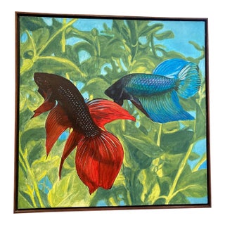 Super-Colorful Vintage Tropical Fish Painting on Canvas, 1974 MCM For Sale