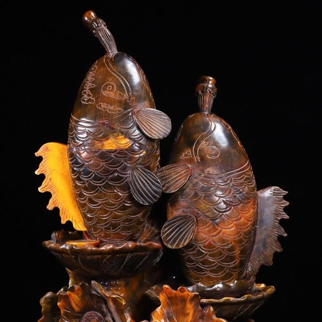 Late 20th Century Carved Horn Sculpture of Two Carp With Lotus - "Abundance" For Sale - Image 10 of 10