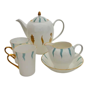 1980s Barneys New York Bone China Breakfast Set Staffordshire England: Coffee Pot, Mugs, Creamer, Bowl With Gilded Accents