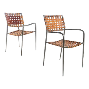 Italian Patinaed Metal and Leather Strap Armchairs, circa 1970s - A Pair