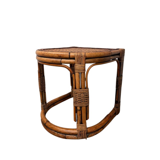 1970s Mid-Century Rattan & Bamboo Accent Table With Woven Wicker Top, Bohemian Style Side Table For Sale In Seattle - Image 6 of 9