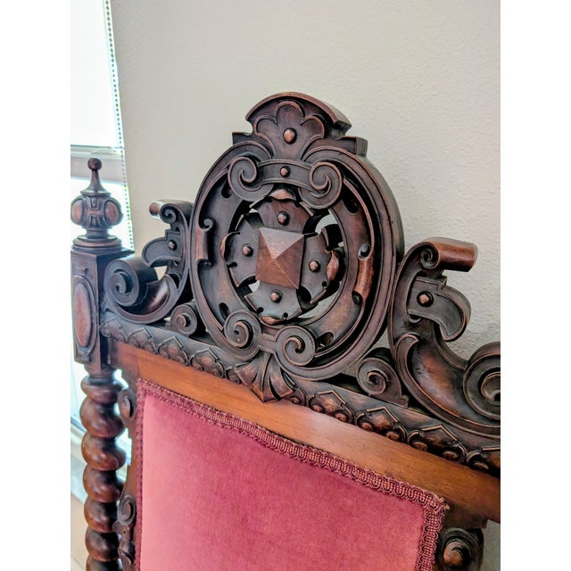 Textile Pair of Renaissance 19th Century Carved Throne Armchairs For Sale - Image 7 of 11