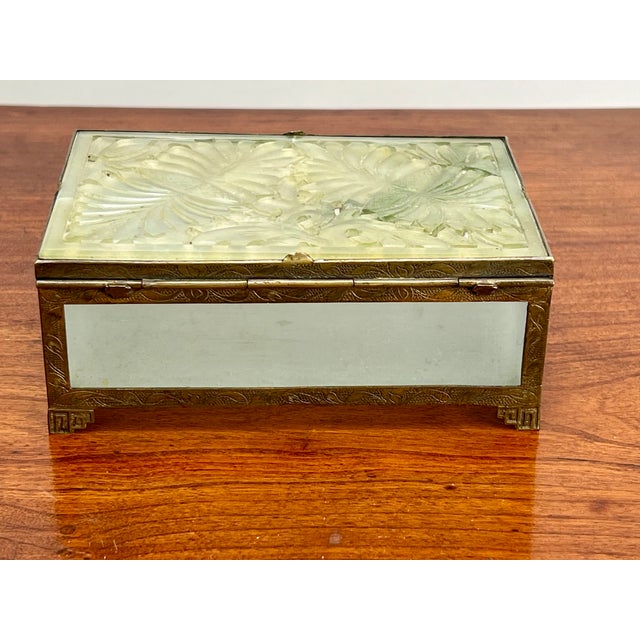 Chinese Early 20th Century Antique Chinese Brass Bound Jade and Frosted Glass Dresser Box For Sale - Image 3 of 7
