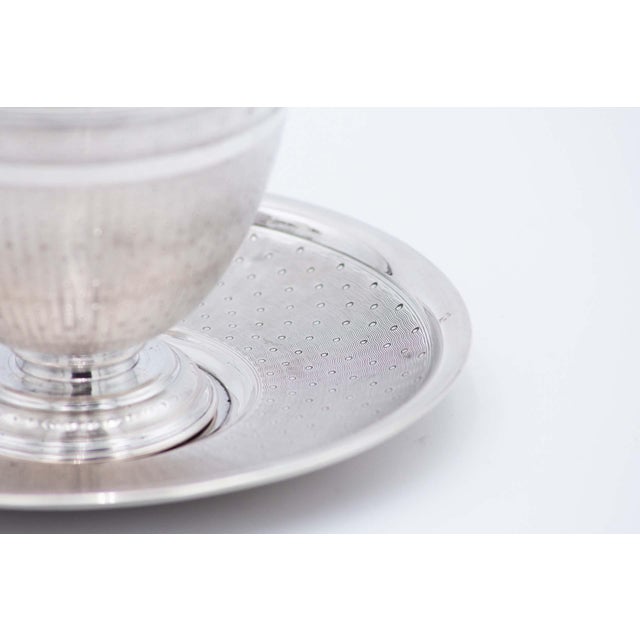 Cup and Saucer in Guilloche Silver with Pearly Reliefs and Monogram Card, Set of 2 For Sale - Image 3 of 4