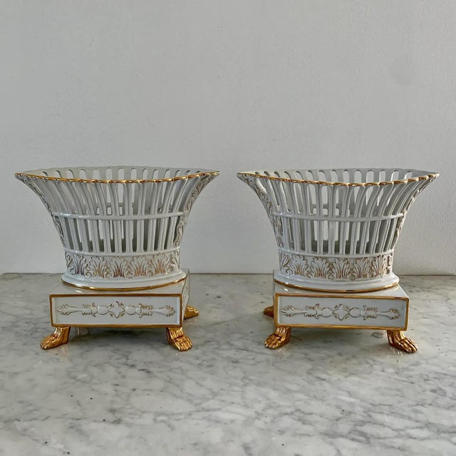 Late 20th Century Pair of Reticulated Porcelain Baskets With Gilt Detail and Lion Paw Feet For Sale - Image 11 of 11
