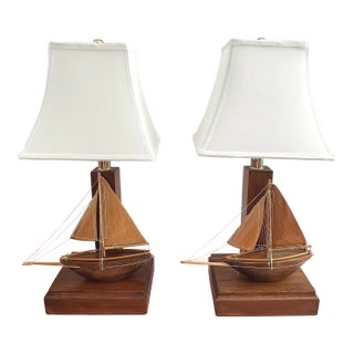 1960s Wood Sailboat Lamps, Pair For Sale