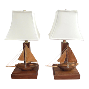 1960s Wood Sailboat Lamps, Pair