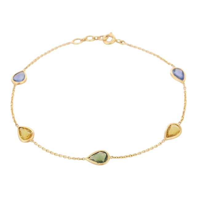 Inimalist Pear Cut Multi Sapphire Chain Bracelet in 18k Solid Yellow Gold For Sale