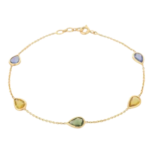 Inimalist Pear Cut Multi Sapphire Chain Bracelet in 18k Solid Yellow Gold