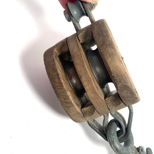 Brown Circa 1940s Boston & Lockport Wooden Double Pulley Block For Sale - Image 8 of 12
