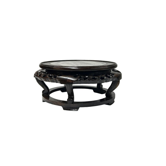 Asian 8.25" Oriental Brown Wood Marble Round Table Top Stand Riser For Sale - Image 3 of 8