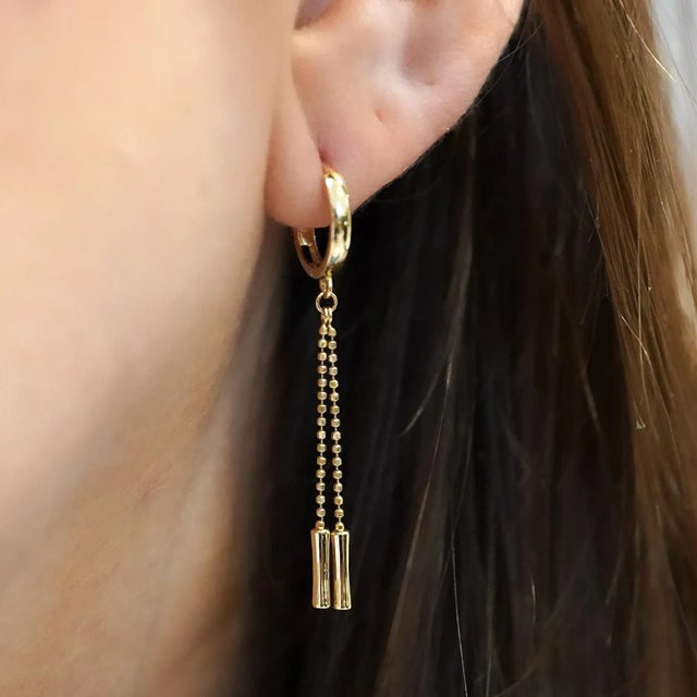 14k Gold Ball Chain Dangling Drop Huggie Hoop Earrings, A Pair For Sale In Miami - Image 6 of 9
