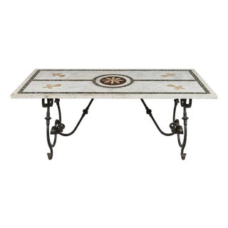 Vintage Italian-Style Inlaid Marble Dining Table on Wrought Iron Scroll Base For Sale