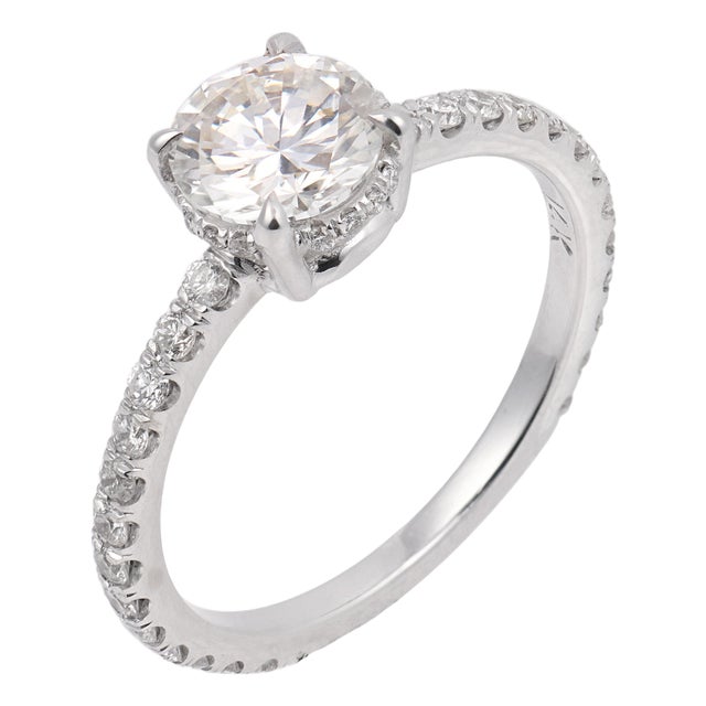 Vintage Gia 0.76 Carat Round Brilliant Cut Diamond 14k White Gold Pave Ring, Size 5 For Sale