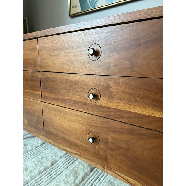 Brown Vintage Mid Century MCM Walnut 6-Drawer Dresser With White Laminate Top For Sale - Image 8 of 13