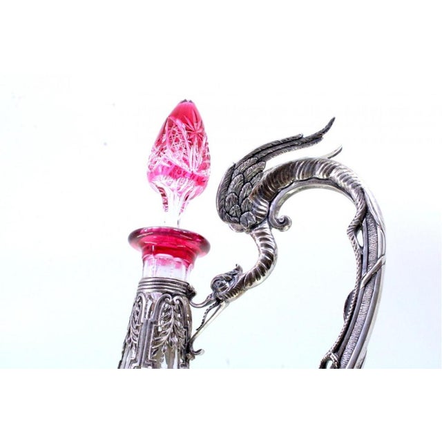 Wine Bottle in Red Cut Glass with Silver Structure and Handle For Sale - Image 6 of 8