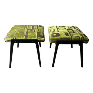 Mid 20th Century Paolo Buffa Style Pair of Wooden Benches Upholstered Designers Guild Fabric For Sale
