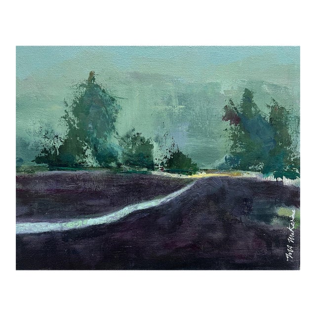 "Foggy Forest" Contemporary Impressionist Landscape in Green and Purple by Mill Valley Artist Mary Anne McKernie For Sale