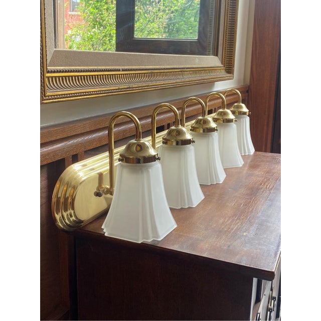 1950s 1950s Art Deco Style Vanity Sconce 5 Light With Frosted Bell Shades For Sale - Image 5 of 7