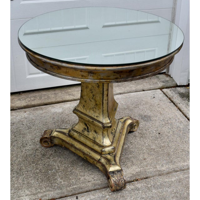 Vintage (1980's) Pair of Tables have an Italian Regency Style. Pedestal Wood Base in a Paint Decorated Finish. Mirrored...