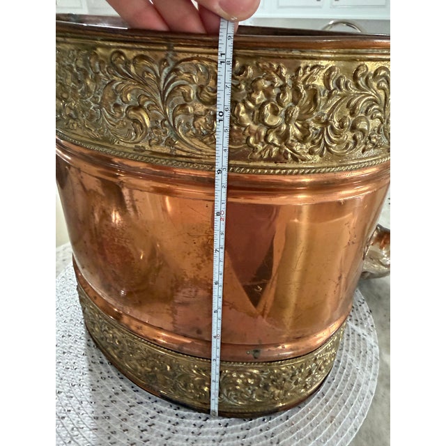 Antique Copper & Repoussé Brass Victorian-Style Wastepaper Basket / Decorative Waste Bin For Sale - Image 9 of 12