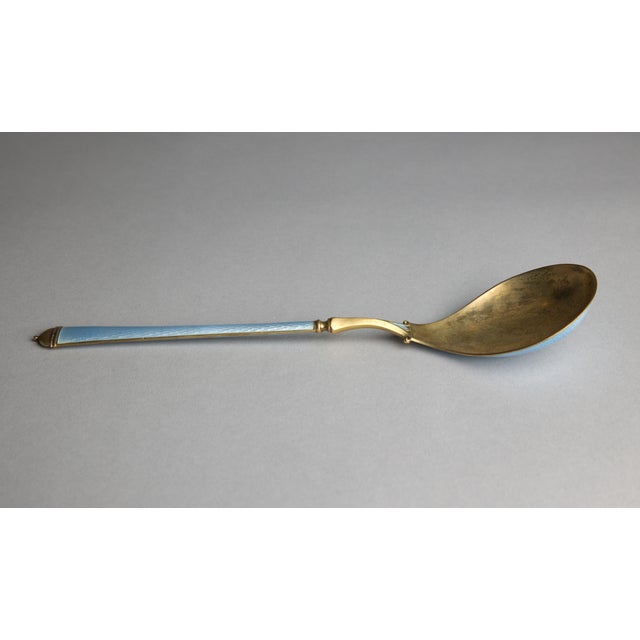 Art Deco Mid 20th Century David Andersen Oslo Norway Sterling Silver Gilt Blue Guilloche Enamel Large Serving Spoon, Post-1940 For Sale - Image 3 of 14