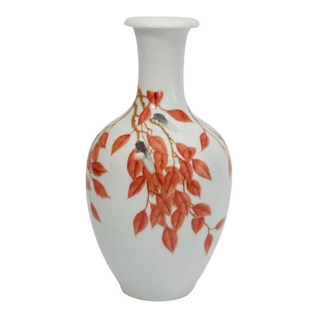 Antique Chinese Porcelain Insect Vase W Red Leaves For Sale