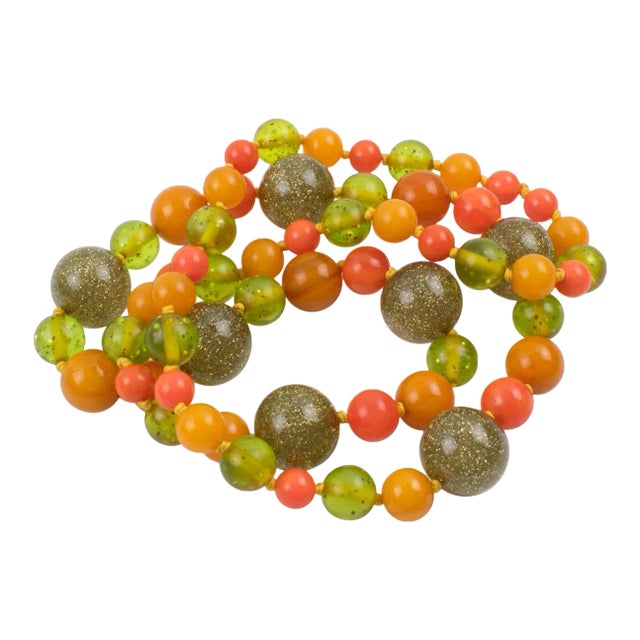 Bakelite and Lucite Necklace Extra Long Shape Orange Green and Glitter Beads For Sale
