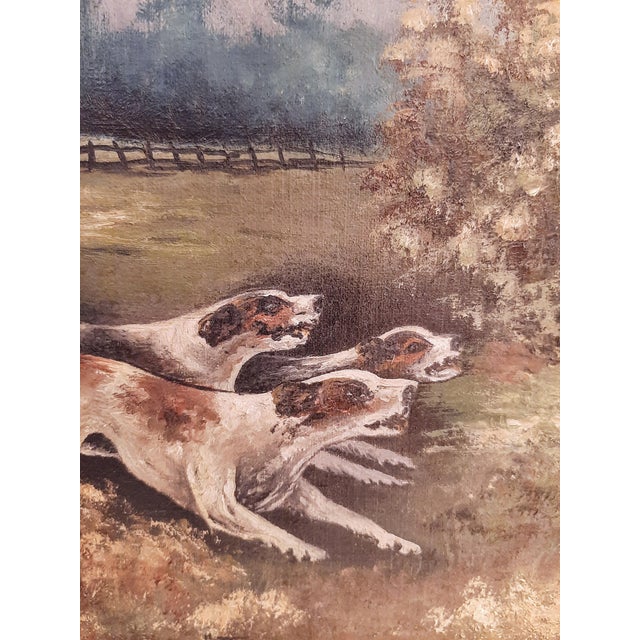 Paint 1920 Oil Painting Dogs and Fox Hunt Scene Signed For Sale - Image 7 of 10
