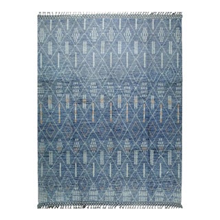 8x11 Blue Hand-Knotted Wool Diamond Lattice Stripes Tribal Modern Carpet Rug For Sale