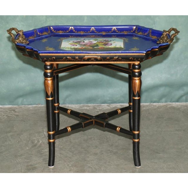 Stamped Cobalt Blue Porcelain and Gilt Metal Tray Table, 2000 For Sale - Image 4 of 18