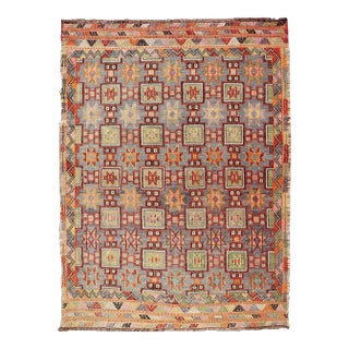 Mid 20th Century Colorful Vintage Turkish Kilim Embroidered With Star Design in Gray and Green For Sale