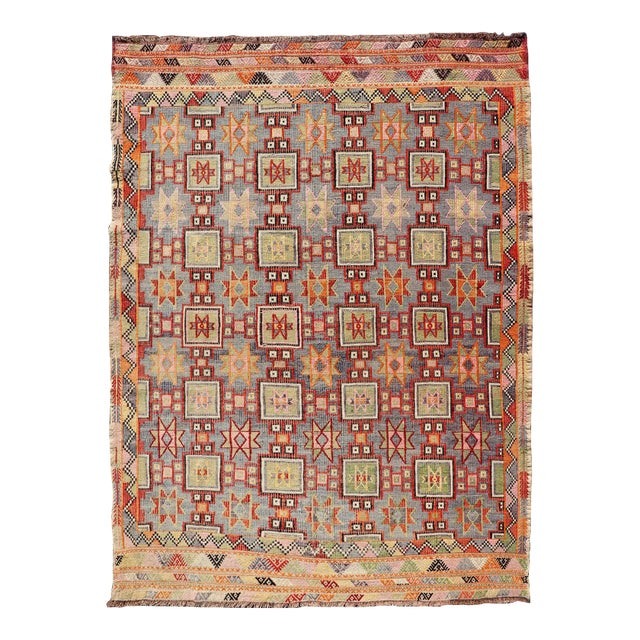 Mid 20th Century Colorful Vintage Turkish Kilim Embroidered With Star Design in Gray and Green For Sale