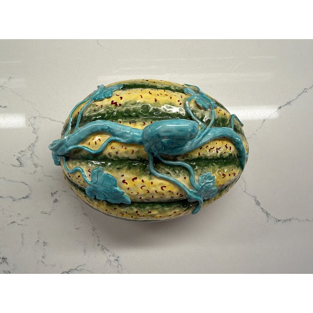 Mid-Century Modern Vintage Italian Majolica Melon Tureen With Lid Hand Painted Ceramic Bowl For Sale - Image 3 of 5